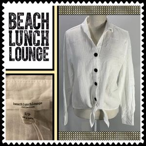 NWT BeachLunchLounge Collared Button-Down Wrinkle Blouse w/ Tie at Waist